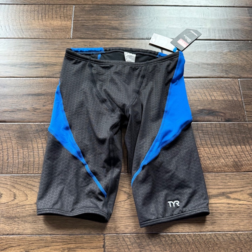 TYR‎ Durafast Elite Mens Jammer Swimsuit Black Blue Honeycomb Size 30 S NEW